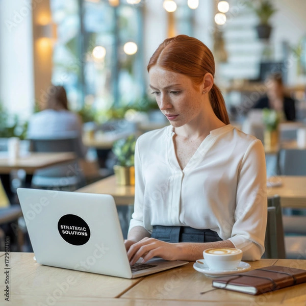 Fototapeta Redhead woman with freckles working on a laptop in a cafe with coffee and notebook