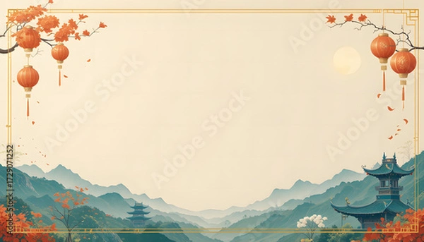 Fototapeta White clean Chinese copy space with red Lantern and mountain ornaments for Chinese culture and religion used. 
