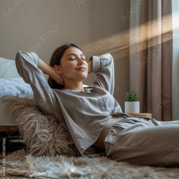 Fototapeta Young woman relaxing in pajamas on a fluffy rug enjoying sunlight streaming through the window