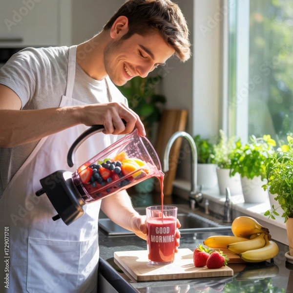 Fototapeta Young man pouring a fruit smoothie from a blender into a glass in a bright kitchen