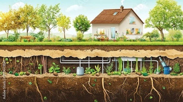 Fototapeta A cross-section diagram showing a modern house in nature with a deep water supply and drainage system connected to an underground plant nourishment system