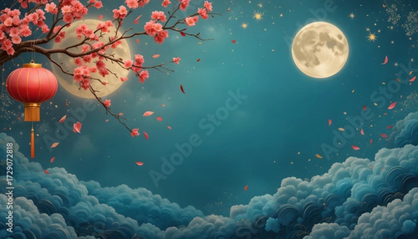 Fototapeta Turquoise themed Chinese copy space with red cherry blossom, two moons, and group of clouds for Chinese culture and religion used. 