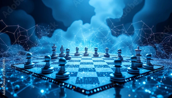 Fototapeta A strategic chess game setup with digital elements and a tech-inspired theme. The scene highlights strategy, competition, and complex planning