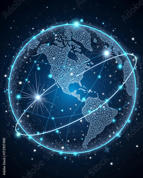 Fototapeta The World in the Digital Age, a depiction of the interconnected world, showcasing a globe encompassed by a network of lines and light