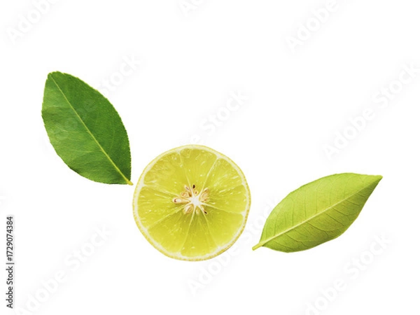 Fototapeta Yellow lemon slices falling with green leaves isolated on transparent background