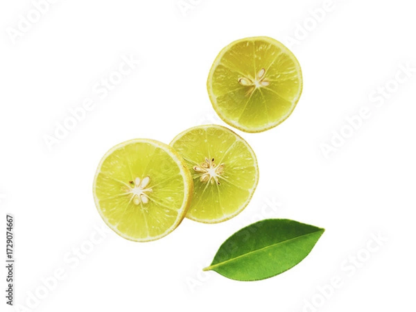 Fototapeta Yellow lemon slices falling with green leaves isolated on transparent background