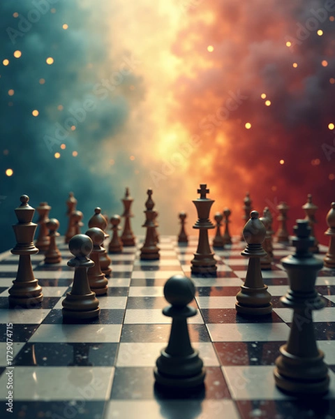 Fototapeta Chess pieces on a chessboard, a strategic game with a dramatic sky background. The pieces are set for a game of strategy and critical thinking