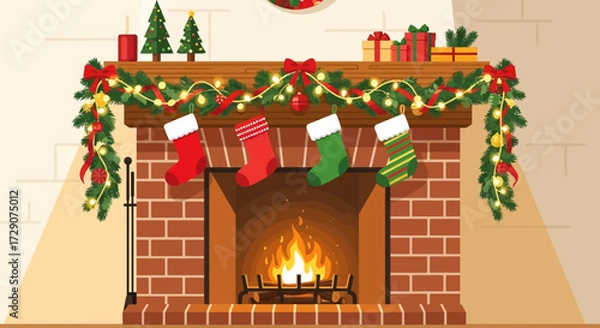 Obraz Charming christmas fireplace scene with stockings and festive decorations for the holidays