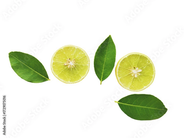 Fototapeta Yellow lemon slices falling with green leaves isolated on transparent background