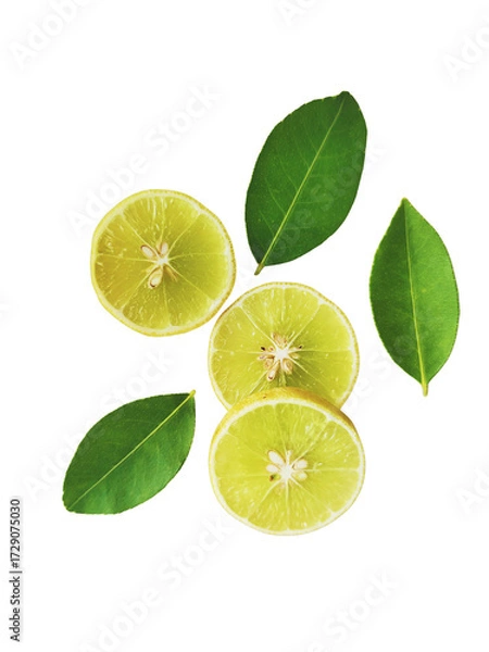 Fototapeta Yellow lemon slices falling with green leaves isolated on transparent background
