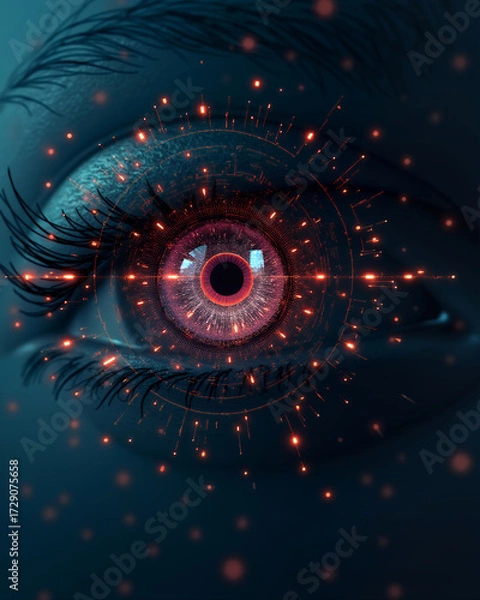 Fototapeta The captivating image of an eye with digital elements around it, evoking futuristic technology. The eye appears to be enhanced with a network of glowing particles and lines