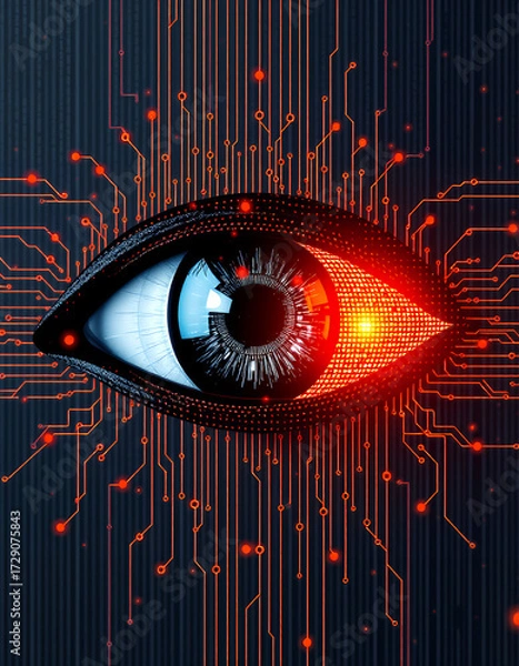Fototapeta Digital eye with circuit board lines, representing digital surveillance, computer vision, and technological advancement. The red eye with circuit lines evokes a sense of security.