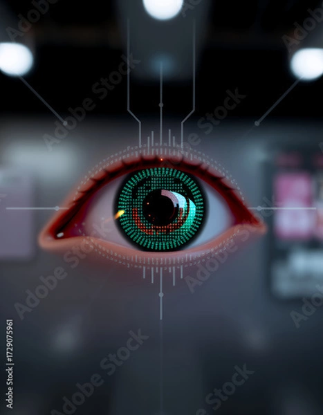 Fototapeta An eye overlaid with advanced technological circuits, symbolizing the convergence of technology and human perception