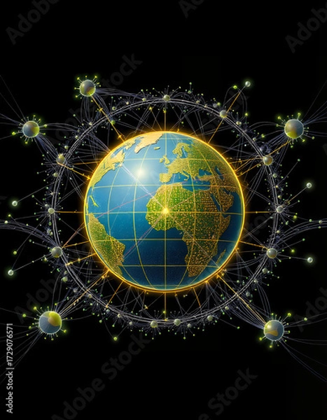 Fototapeta The world connected with a network of technology. Earth in the center surrounded by digital connections, representing global networks 