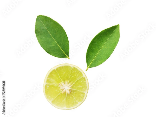 Fototapeta Yellow lemon slices falling with green leaves isolated on transparent background