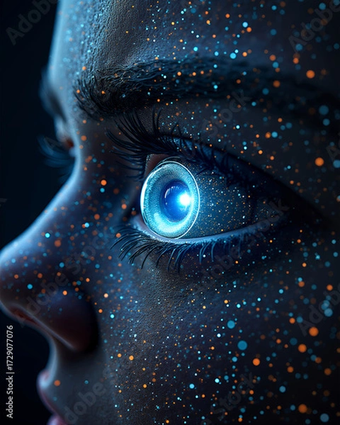 Fototapeta An eye featuring cosmos in an up-close portrait, with sparkling celestial effect on the face