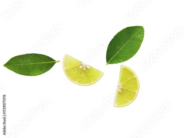 Fototapeta Yellow lemon slices falling with green leaves isolated on transparent background