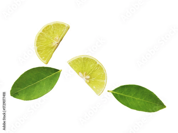 Fototapeta Yellow lemon slices falling with green leaves isolated on transparent background