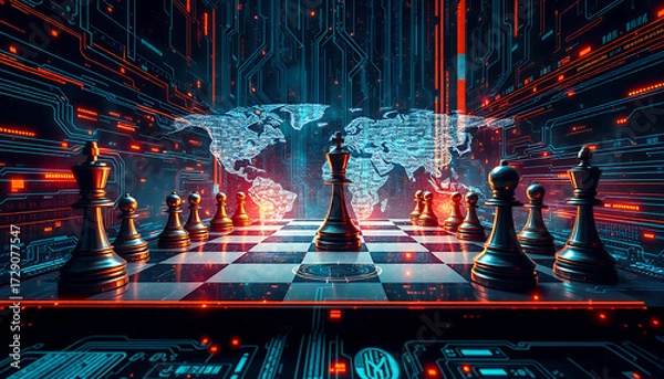 Fototapeta Chess pieces on a chessboard with a world map background, symbolizing strategy and global competition