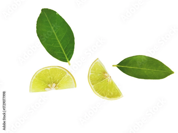 Fototapeta Yellow lemon slices falling with green leaves isolated on transparent background