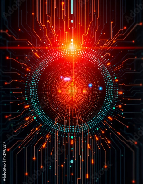 Fototapeta A captivating abstract depiction of a computer circuit board, showcasing interconnected pathways and a central core of data processing.