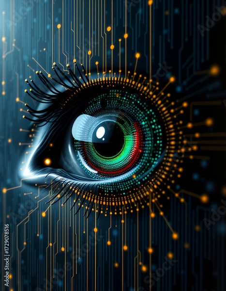 Fototapeta Futuristic digital eye with intricate details, representing advanced technology and surveillance. The eye glows with bright colors, surrounded by circuit board patterns