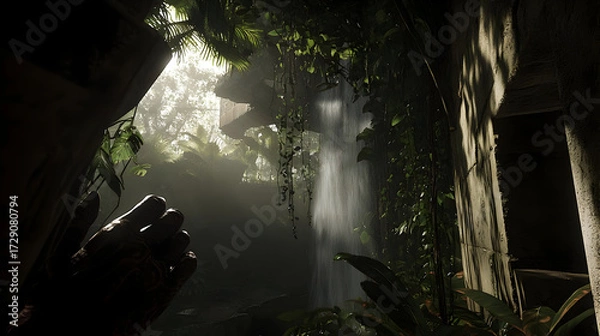Fototapeta Hidden Waterfall In Lush Tropical Forest