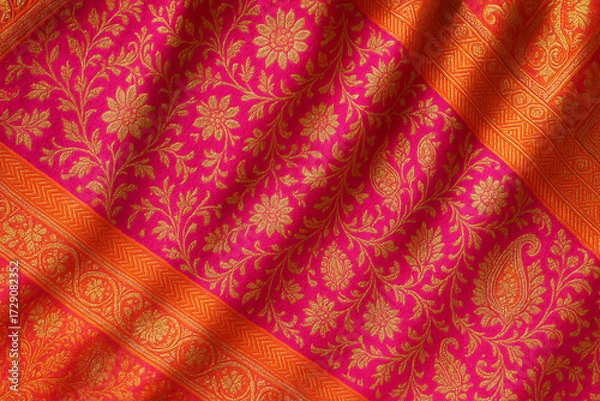 Fototapeta Vibrant wedding sari background with metallic thread