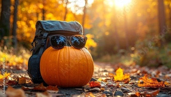 Fototapeta Playful autumn scene of a pumpkin wearing sunglasses and leaning against a backpack on a forest path with golden fall leaves.
