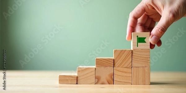 Fototapeta Business goal achievement, career growth, and success concept. Hand placing final wooden block with a flag on a staircase.