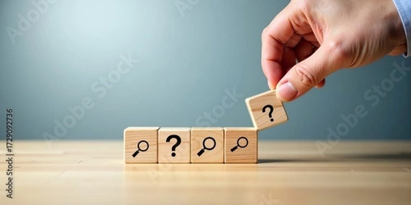 Fototapeta Problem-solving and inquiry concept. Hand placing wooden block with question mark and magnifying glass search icon.