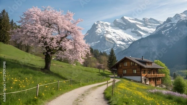 Fototapeta Blooming Tree in Front of Rustic Wooden House in the Alps – Spring Mountain Landscape