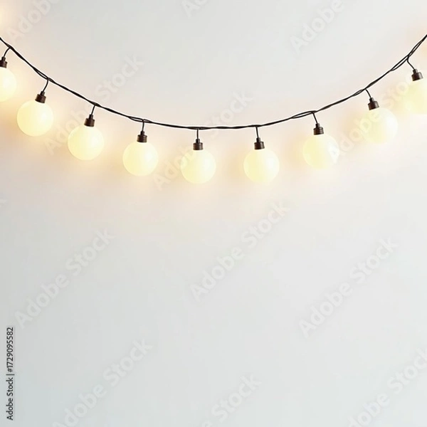 Fototapeta Hanging garland of decorative string lights with warm glowing round bulbs. Festive party or holiday background concept.
