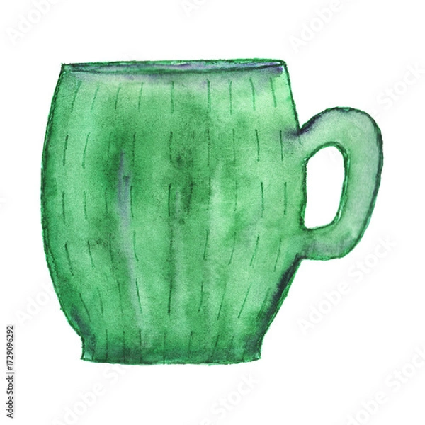 Obraz A colorful mug with a retro-style watercolor painting. Hand-painted ceramic dishes. Multicolored dishes on a white background.