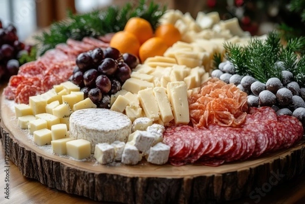 Fototapeta Assorted cheese, meat, and fruit on a wooden platter.