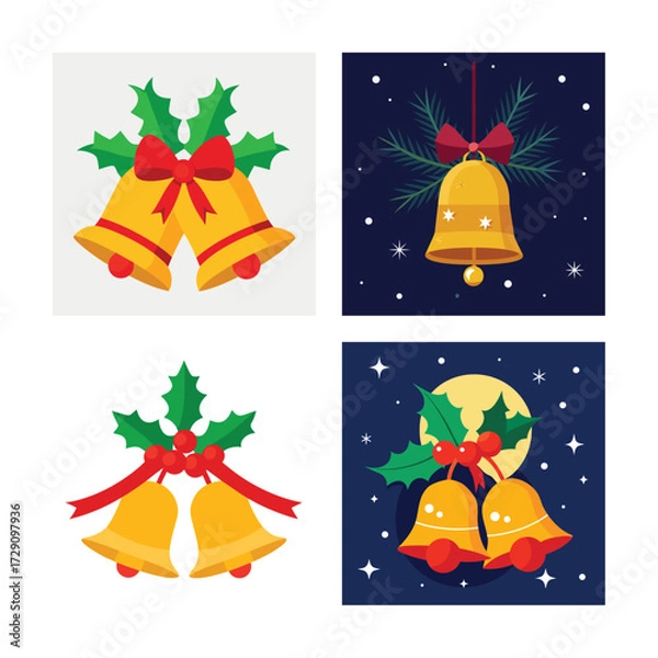 Fototapeta Christmas bells with holly and ribbon isolated on white background vector