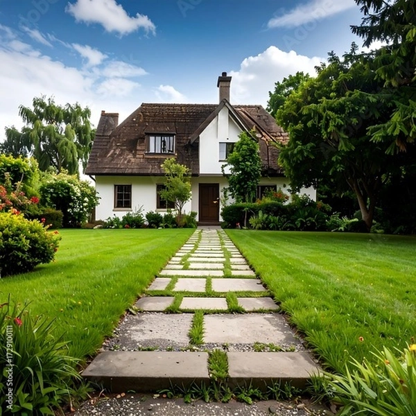 Fototapeta Charming house with lush garden