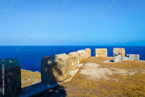 Obraz The Acropolis of Lindos wall, the ruins of an ancient citadel, sea background, Rhodes,  Greece