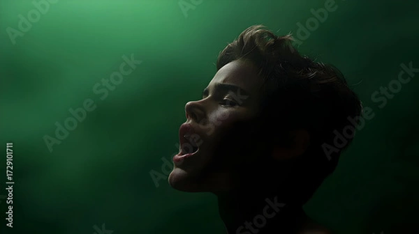 Obraz Close Up Portrait Of Woman With Intense Expression Against Dark Green Background