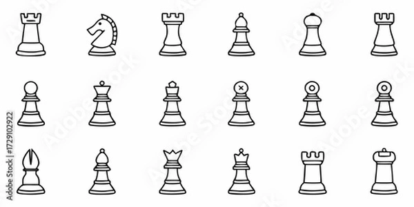 Obraz Icon set featuring clean line art of classic chess pieces including king, queen, rook, bishop, knight, and pawn for strategic planning and game design