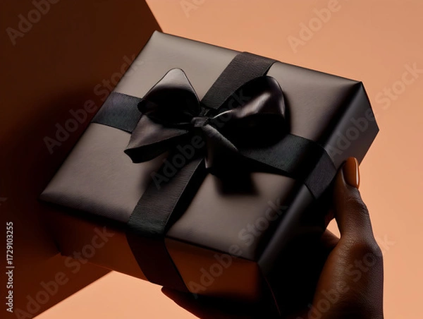 Obraz Hand Holding Dark Gift Box With Black Ribbon