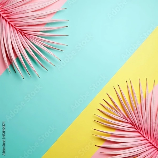 Fototapeta Exotic summer vacation concept with pink tropical palm leaves on a vibrant, colorful geometric background. Flat lay.