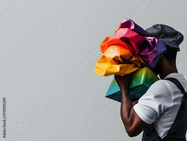 Obraz Man Concealed By Colorful Crinkled Paper