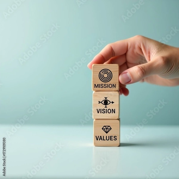 Fototapeta Business strategy concept with hand stacking wooden blocks showing mission, vision, and values for corporate culture.