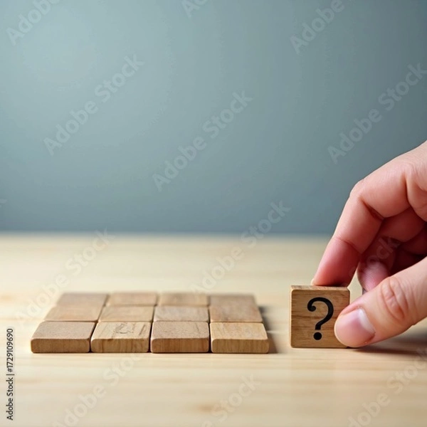 Fototapeta Problem solving and finding a solution concept with hand placing a wooden block with a question mark as a puzzle piece.