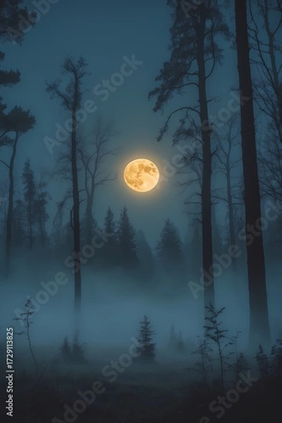 Fototapeta professional photo of a spooky foggy forest with a large glowing full moon hanging low in the dark sky ominous silhouettes of tall trees stretching upwards a clean and misty atmosphere with ample nega