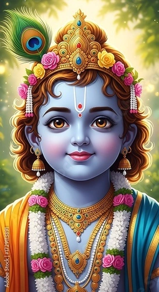Obraz A captivating portrait of lord krishna adorned with jewelry and a peacock feather