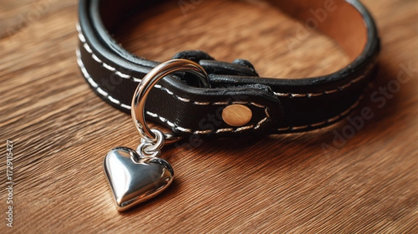 Fototapeta Pet accessory leather collar with heart tag on rustic wood surface
