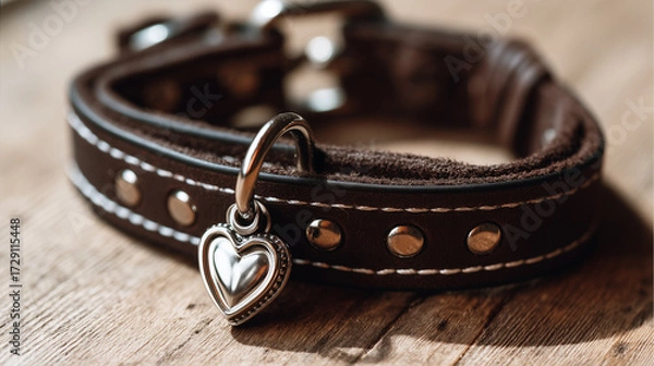 Fototapeta Pet accessory leather collar with heart tag on rustic wood surface