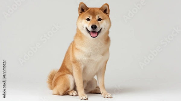 Fototapeta Cute shiba inu looking cheerful with joyful face expression